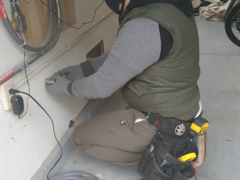Electrician performing outlet wiring in a Brockport garage